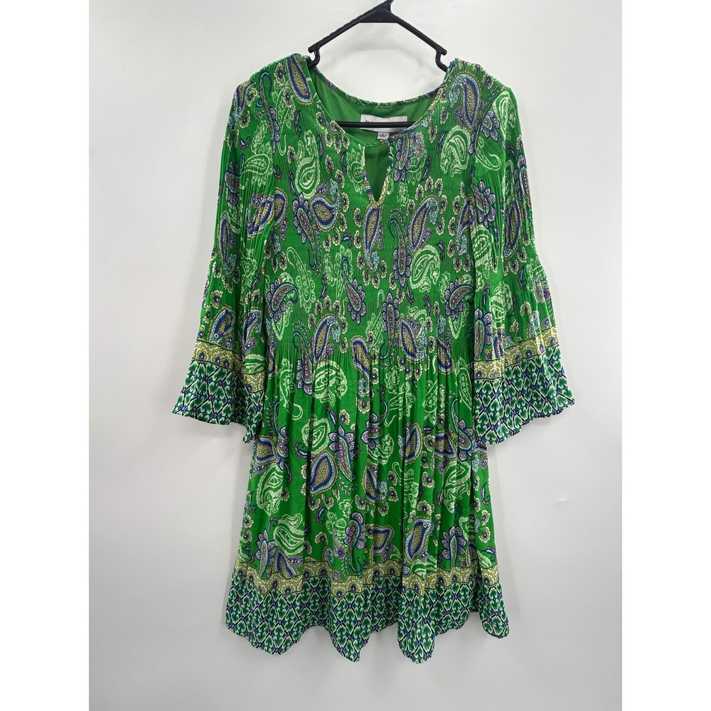 Emma & Michele Green Paisley Boho Bell Sleeve Mini Dress Medierranean Summer - Picture 2 of 10